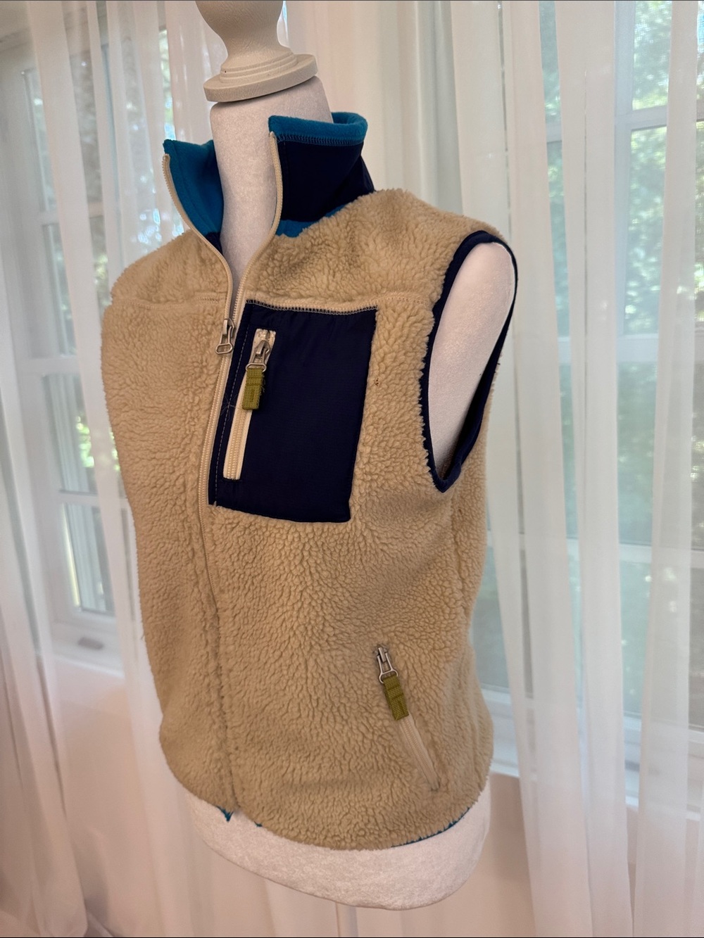 GAP Cream Sherpa Vest with Navy Pocket and Teal Lining